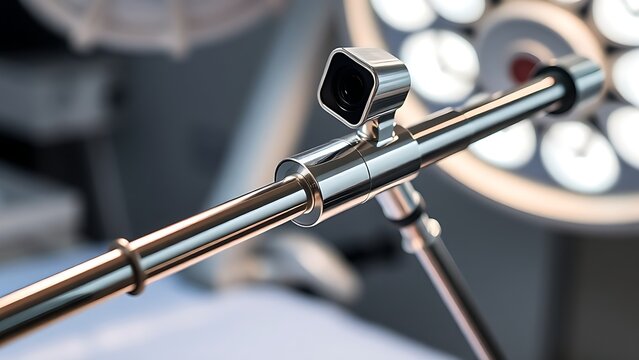 laparoscope. Slender laparoscope with polished metal surface reflecting light, on a medical tray with professional lighting. product launch decks.
