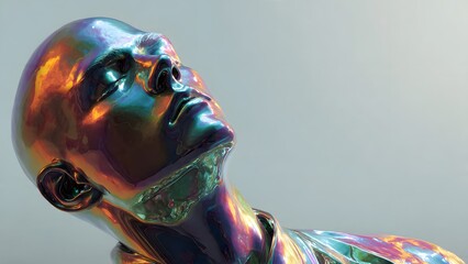 Iridescent metallic human bust looking up with a futuristic glow.