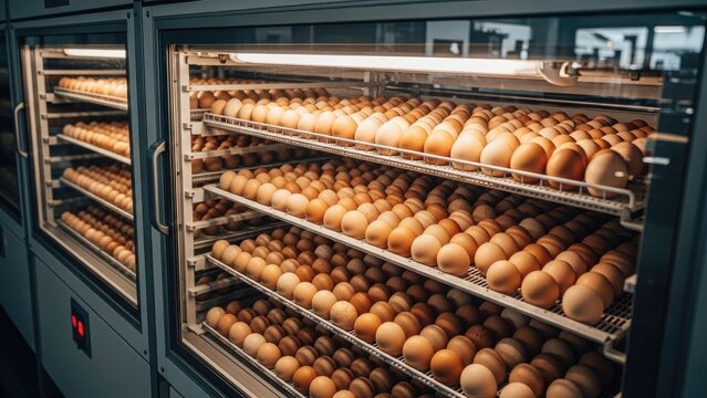 Modern Egg Incubator Machine with Rows of Eggs on Shelves, Hatchery Technology
