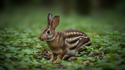 Fototapeta premium Wild Rabbit Sitting in Lush Green Forest Undergrowth