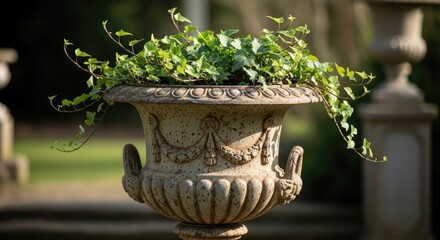A weathered, ornate urn overflows with vibrant green ivy, set outdoors. Its textured surface contrasts with the soft blur of a grassy background and stone pillars, suggesting a classic garden setting