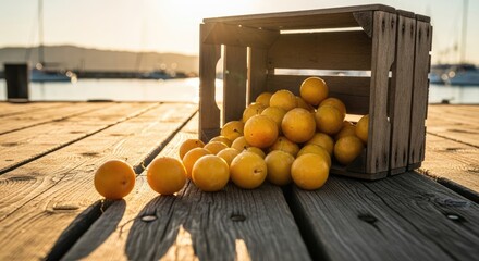 Fresh yellow plums spilling from rustic wooden crate on sunlit pier at golden hour