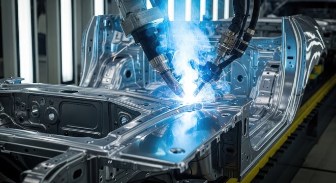 An industrial scene showcases a robotic arm welding a car frame. Intense blue light illuminates the welding process, highlighting sparks and the metallic structure. 