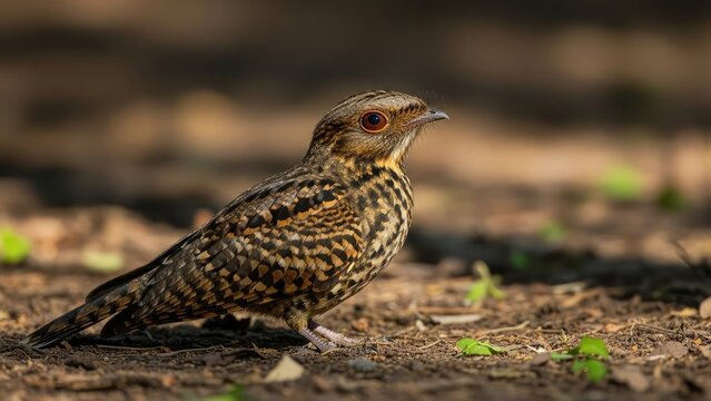 Camouflaged Nightjar Bird on Forest Floor with Brown and Green Tones, Wildlife Photography