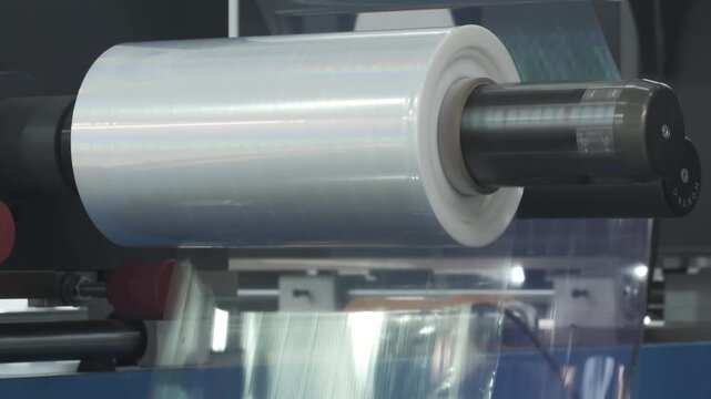 Automatic polyethylene plastic bag production machine with lighting effect. Close-up of the roller of the plastic bag production machine in the light. product packaging concept