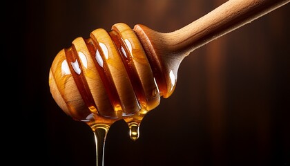 A Close Up Shot Of A Wooden Honey Dipper Dripping Sweet Golden Liquid Onto A Dark Background The Texture Of The Dipper Is Visible
