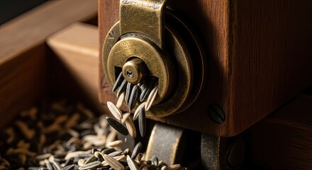 Close-up of a vintage seed grinder. Seeds cascade from the mechanism onto a bed of others. The wooden structure and brass accents evoke an antique aesthetic