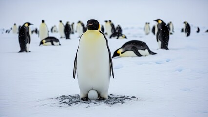 Obraz premium Emperor Penguin Parent Protecting Egg on Snowy Antarctic Ground