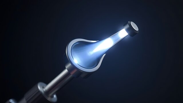 speculum. A classic medical otoscope with metal speculum reflecting clinical light on dark background. STEM education sheets.