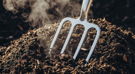 Close-up of a garden fork piercing a steaming compost pile. Dark, rich soil with wisps of vapor rise. The tool is gleaming