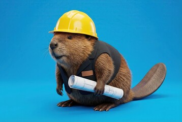 A beaver wearing a hard hat and vest holds blueprints for a construction project