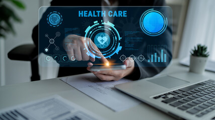 Digital health care technology and medical data dashboard concept. An interface for patient information, diagnostics, and monitoring health records. Motif