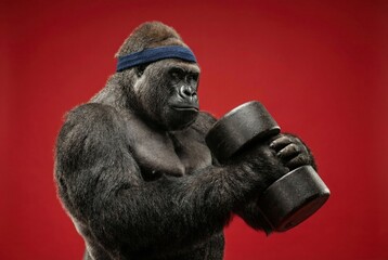 Gorilla in a headband lifting a dumbbell on a red background