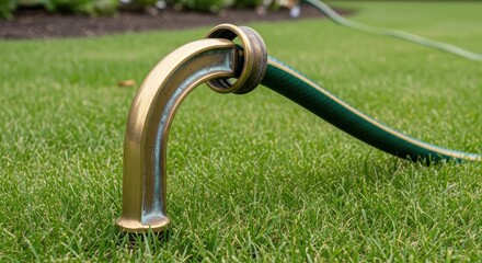 A brass garden hose holder sits on vibrant green grass, its curved arm intertwined with a green garden hose. The scene depicts a serene outdoor setting