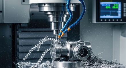 A close-up of a sophisticated metalworking machine in action. Coolant sprays as it precisely shapes a metallic component, showering shavings. A digital screen displays technical data