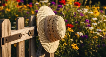 A woven straw hat hangs upon a weathered wooden fence, partially obscuring a vibrant backdrop of diverse wildflowers in full bloom. Golden sunlight bathes the scene, creating a sense of idyllic peace