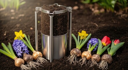 A soil sampler tool displays a core of rich earth, surrounded by colorful spring bulbs ready for planting, set against a natural outdoor backdrop