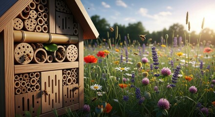 A wooden bee house stands in a vibrant wildflower meadow bathed in sunlight. Bees fly around it, suggesting a healthy ecosystem and thriving pollinator habitat. The scene is bright and natural
