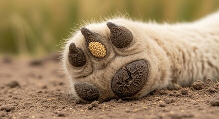 Close-up of a polar bear's paw resting on dirt. Sharp claws and textured pad are in focus. A small, golden object clings to the paw. Subtle background shows blurred grassy terrain