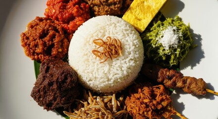 Overhead shot of a traditional Indonesian nasi campur dish with various colorful elements