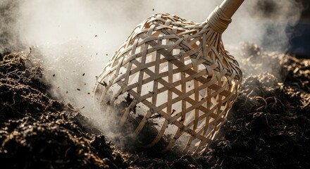 A woven basket tool stirs a heap of dark, steaming organic matter, suggesting composting or a similar process in a sunlit environment. Dust particles are visible