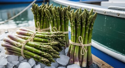 Fresh Vibrant Green Asparagus Bundles on Ice Displayed at a Dockside Market Stall