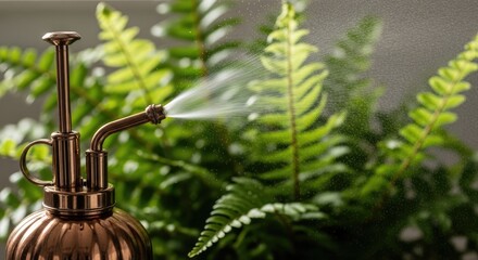 Close-up of a copper watering can spraying mist towards lush, green fern leaves. Soft lighting highlights the water droplets and delicate foliage