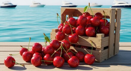 Fresh red cherries spilling from a wooden crate on a pier with boats in turquoise water