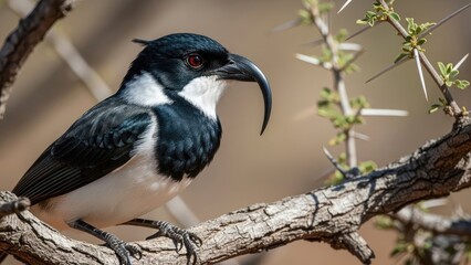 Black and white bird with curved beak on thorny branch, red eye, sharp focus