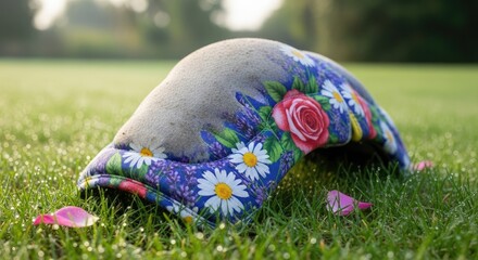 A decorated cap, adorned with floral patterns, rests on dew-covered grass, with rose petals scattered nearby. Soft focus background of a green field