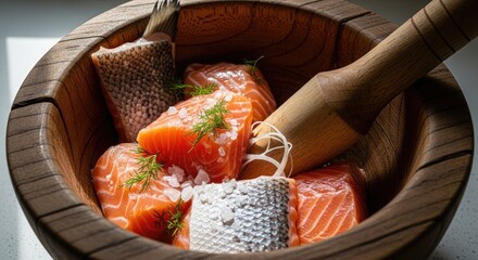 Fresh, raw salmon cubes with scales & dill in a wooden bowl. Fork & muddler included