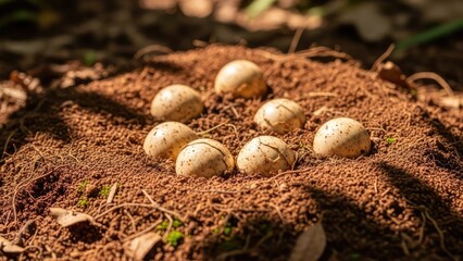 Bird Eggs in Nest on Forest Floor, Nature's Beginning, Delicate Clutch