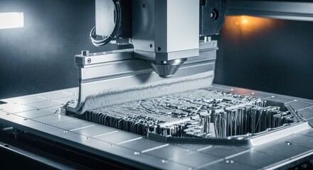 A close-up view shows a metal 3D printer in action. The machine head deposits layers to build a complex, detailed metallic form on a flat surface. Bright overhead lighting illuminates the process