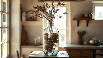 demijohn. A large glass vase with dried flowers in a sunlit old kitchen. menu design, packaging mockups, designed for culinary blogs and recipe cards for restaurants, used by curriculum designers.
