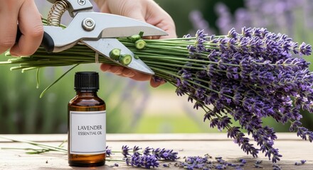 A person cuts lavender sprigs with shears, holding a bundle near a bottle of essential oil on a wooden surface. Blurred background showcases lavender bushes