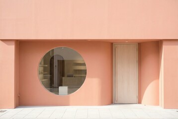 Modern pink building facade with round window and wooden door