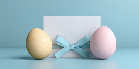 Pastel easter eggs with ribbon  clean composition for spring decor