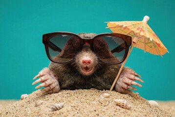 Cute mole wearing sunglasses relaxes on a sandy beach with a cocktail umbrella