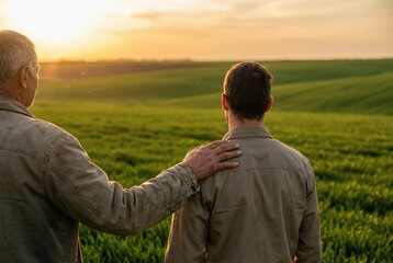 Father places hand on son's shoulder in a sun-drenched field at sunset
