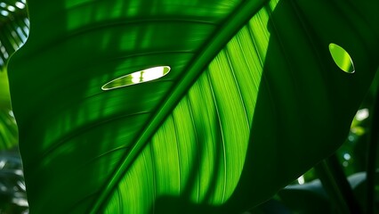fenestration. Close-up of a lush Monstera leaf with natural fenestrations, bathed in soft diffused sunlight from a tropical canopy. gardening catalogs.