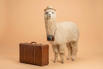 Alpaca with a straw hat and camera poses next to a vintage suitcase