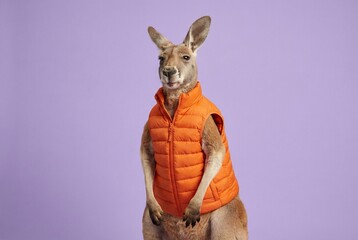 A kangaroo wearing an orange puffer vest stands against a plain purple background