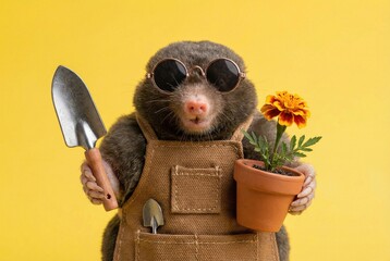 Cute mole wearing sunglasses and overalls holds a trowel and a potted marigold