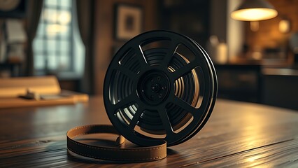 projector. Classic film reel resting on a rustic wooden table evoking nostalgic cinematic vibes. event programs, museum guides, designed for cultural heritage projects and event programs.
