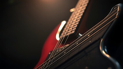 amplifier. Electric bass guitar close-up with studio lighting and a dark atmospheric background. tutorial guides, club newsletters, designed for tourism and weekend activity guides.