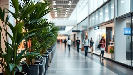 wideangle. Spacious retail corridor with potted plants and modern architecture, shoppers blurred in the background. real-estate listings.