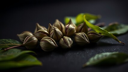 compostable. Fresh tea buds and leaves artistically arranged on a dark surface, highlighting delicate textures. gardening catalogs, home-decor guides, designed for gardening and botanical catalogs.