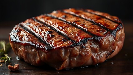 prime. A prime fillet steak, perfectly grilled with visible sear marks and a rich, caramelized surface. menu design, packaging mockups, designed for culinary blogs and recipe cards for restaurants.