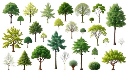 herbarium. A diverse assortment of green trees showcased in a clean botanical illustration style on white background. gardening catalogs.