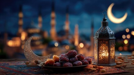 Dates and lantern at night with crescent moon mosque background